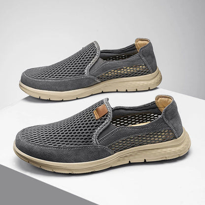 Men's beige slip-on loafers by BackupMyFilesNow.com, breathable casual shoes ideal for summer and light walking.