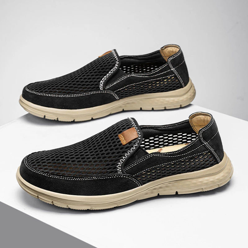 Men's beige slip-on loafers by BackupMyFilesNow.com, breathable casual shoes ideal for summer and light walking.
