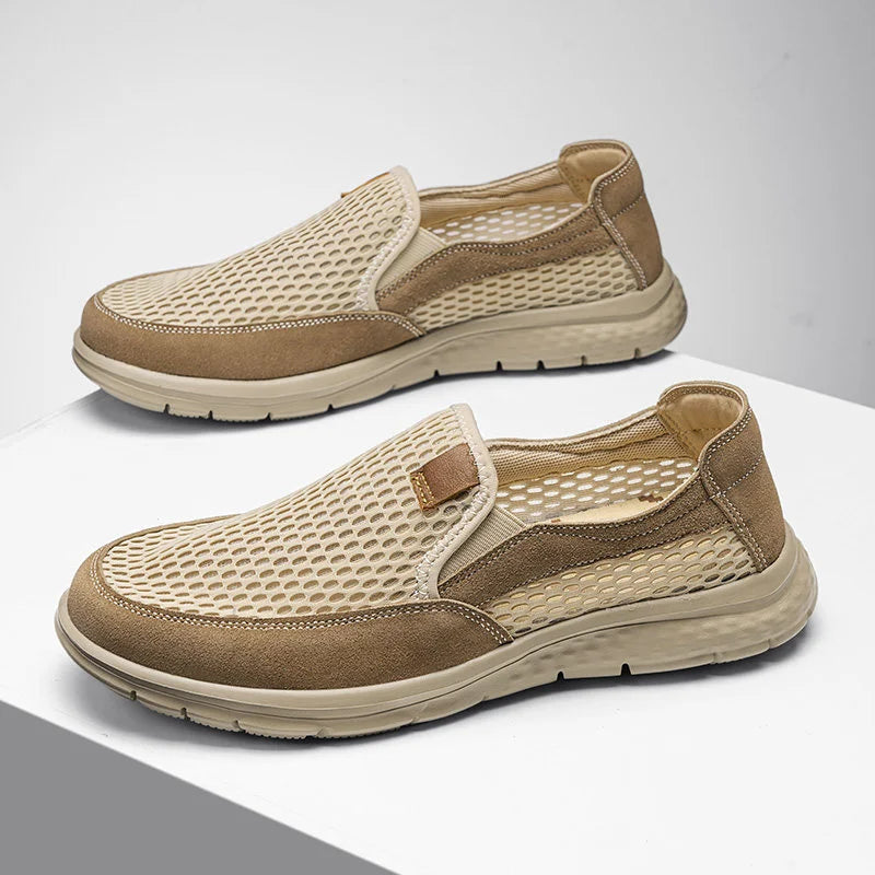 Beige men's slip-on loafers, breathable summer casual shoes by BackupMyFilesNow.com, lightweight and comfortable for walking.