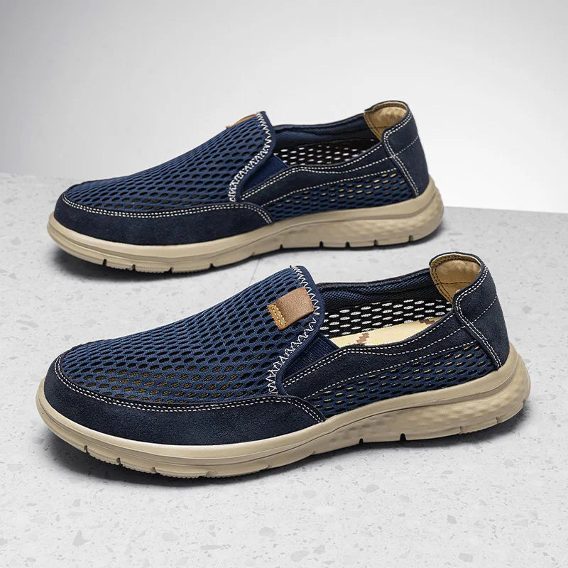 Beige men's slip-on loafers by BackupMyFilesNow.com, breathable casual shoes perfect for summer and light walking.