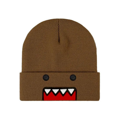 Beige embroidered cartoon knitted hat for men and women, autumn winter outdoor warm windproof hip-hop casual style.