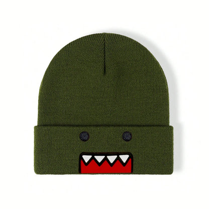 Beige embroidered knitted hat for men and women, featuring a cartoon design, warm, windproof, and trendy for autumn and winter.