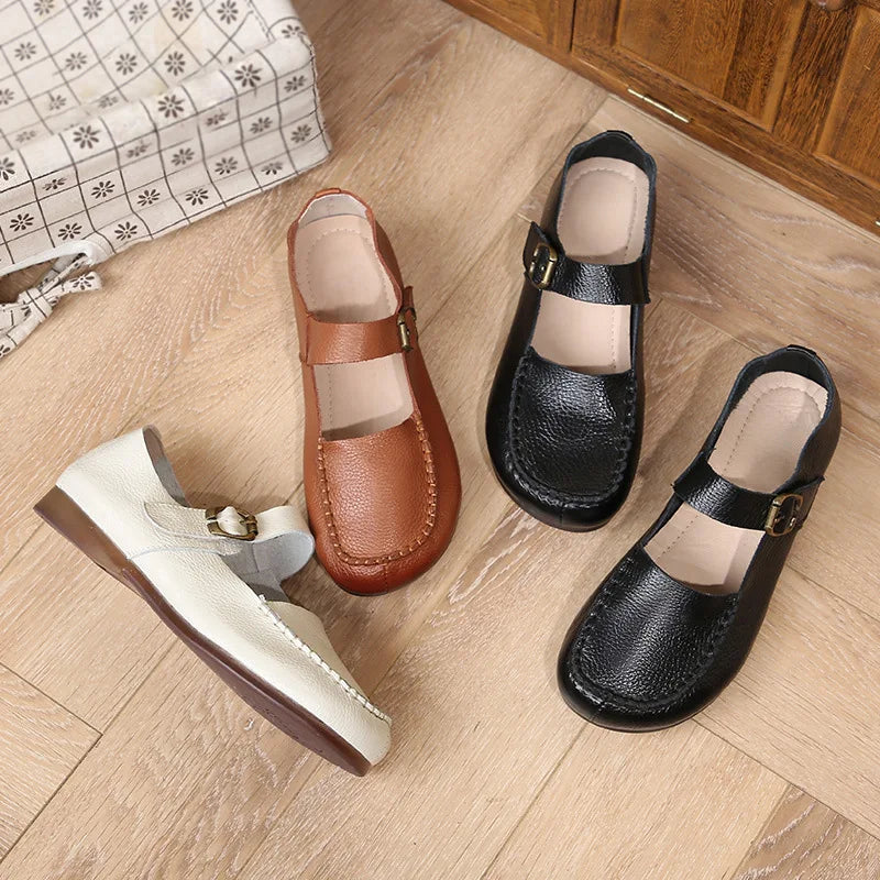 Beige women's leather Mary Jane flats with round toe, belt buckle, casual style, size 41, genuine leather.