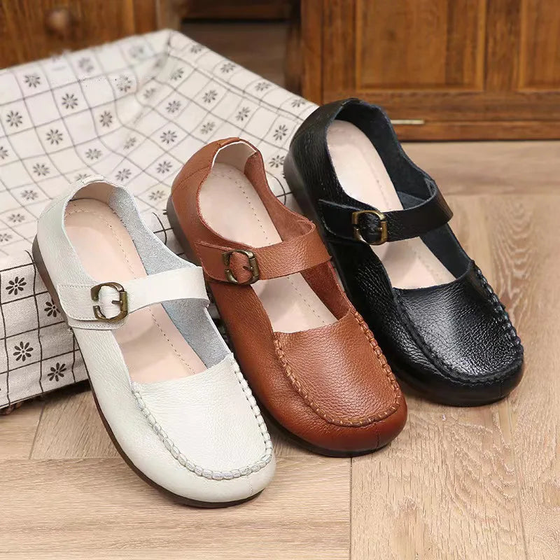 Beige women's leather Mary Jane flats with round toe and belt buckle, casual style, size 41 from BackupMyFilesNow.com.