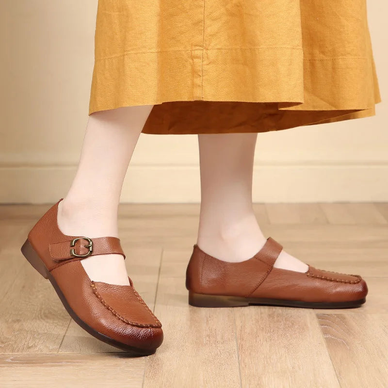 Beige women's leather Mary Jane flats with round toe, belt buckle, and large size 41, casual style from BackupMyFilesNow.com