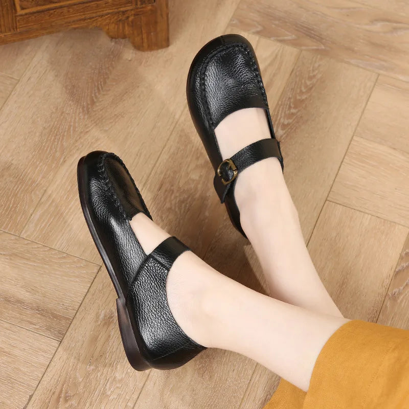 Beige women's leather Mary Jane flats with round toe, belt buckle, casual style, size 41, genuine leather, from BackupMyFilesNow.com