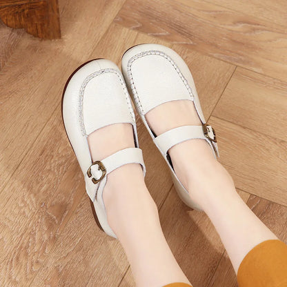 Beige women's leather Mary Jane flats with round toe, belt buckle, casual style, size 41, genuine leather from BackupMyFilesNow.com