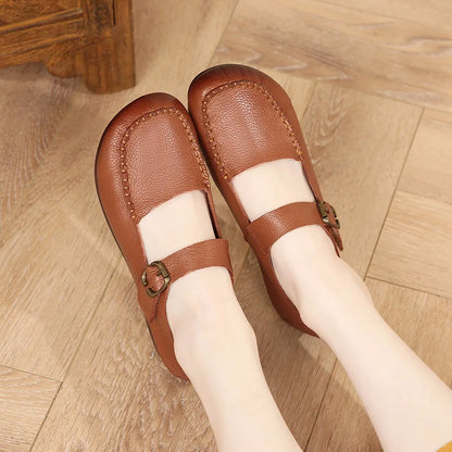 Beige women's leather Mary Jane flats with round toe and belt buckle, size 41, casual style from BackupMyFilesNow.com