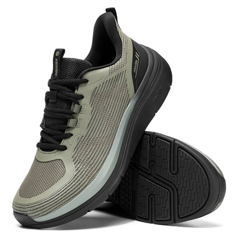 Beige and grey Fitville men's walking shoes with thick soles, slip-on design, breathable material, and wide, comfortable fit.