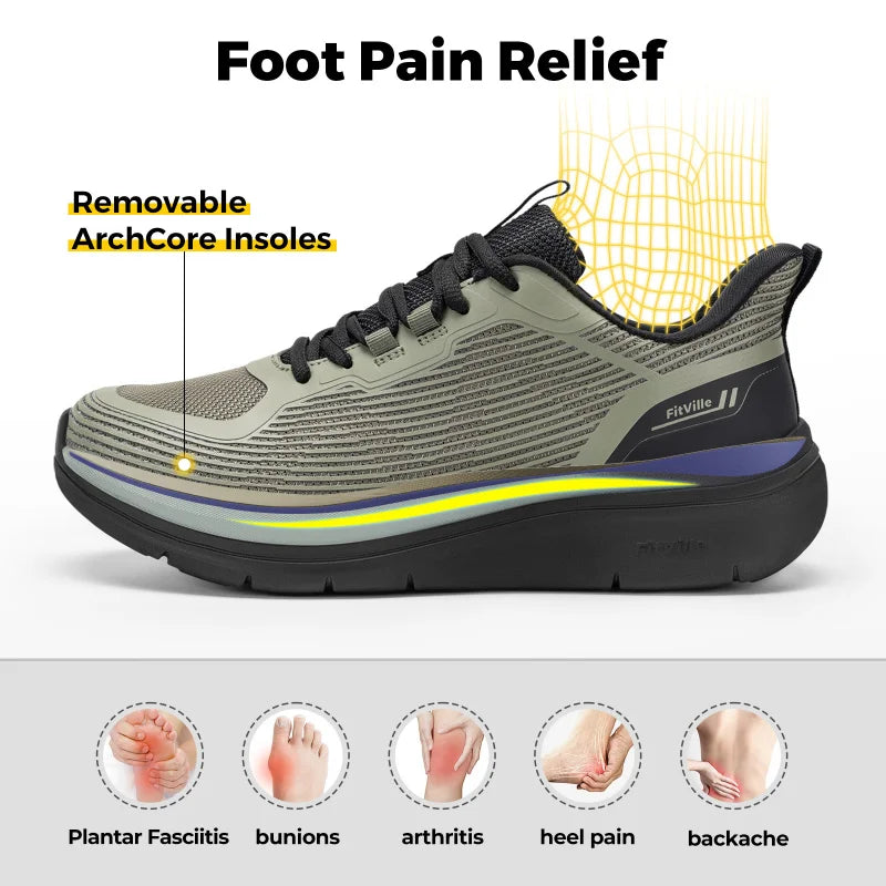 Beige and grey men's Fitville walking shoes with thick soles, slip-on design, breathable material, and wide, comfortable fit.