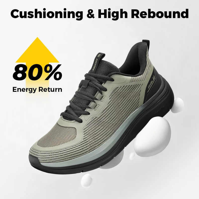 Beige and grey Fitville men's walking shoes with thick soles, slip-on design, breathable material, and wide, comfortable fit.