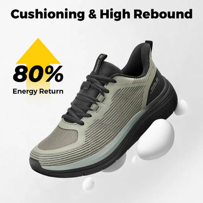 Beige and grey Fitville men's walking shoes with thick soles, slip-on design, breathable material, and wide, comfortable fit.