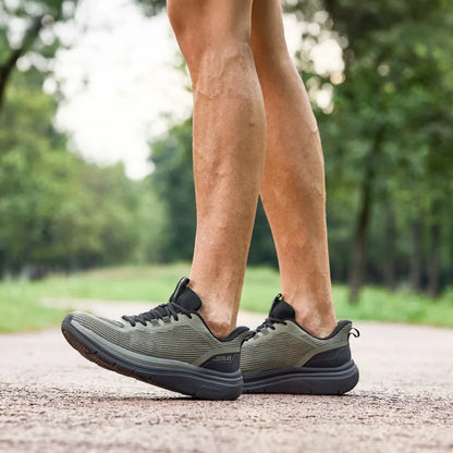 Beige and grey men's Fitville walking shoes with thick soles, slip-on design, breathable material, wide fit, ideal for walking and work.
