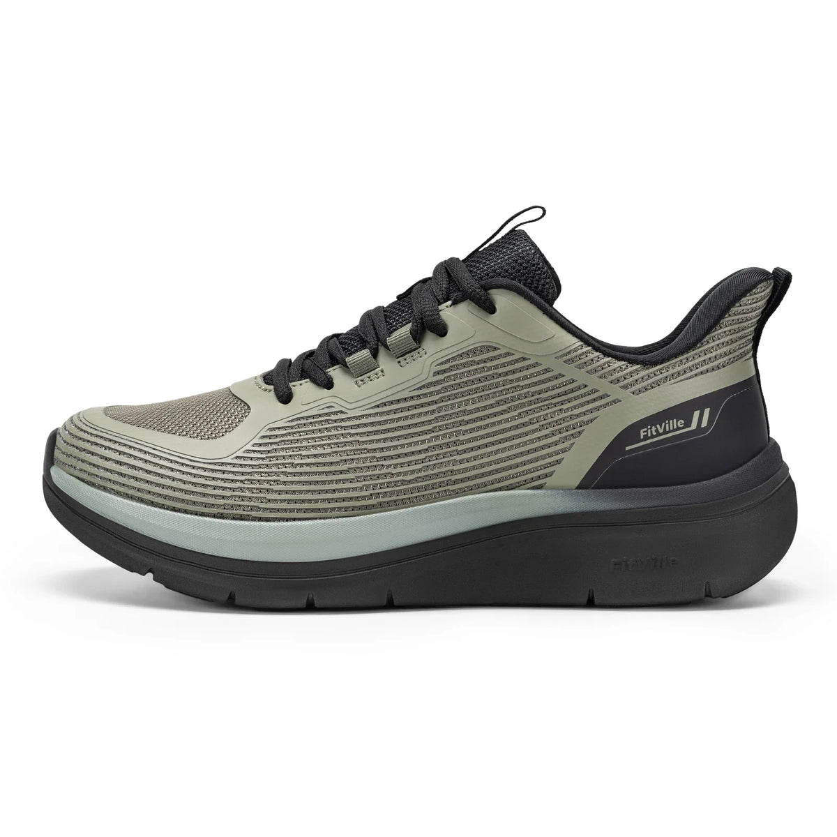 Fitville men's beige and grey slip-on walking shoes with thick soles, breathable design, wide fit, and comfortable outdoor and work wear