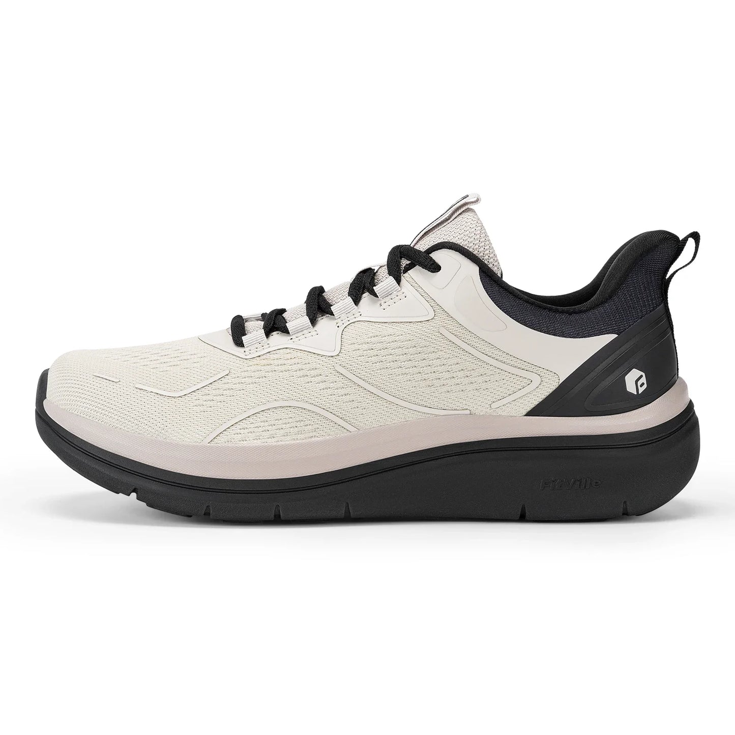 Beige and grey Fitville men's walking shoes with thick soles, slip-on design, breathable material, wide fit, suitable for outside and work.