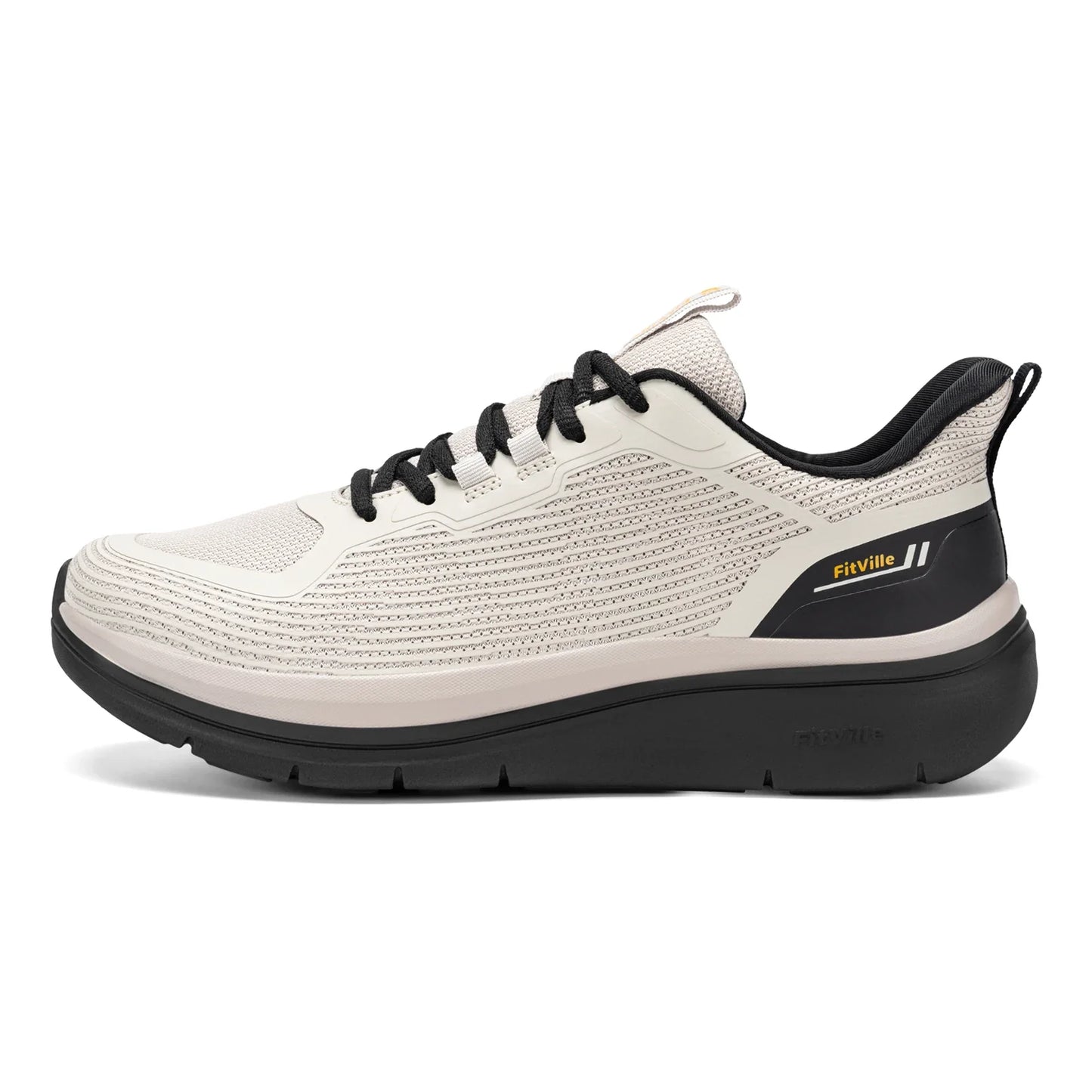 Beige and grey men's Fitville walking shoes with thick soles, slip-on design, breathable material, and wide comfortable fit.