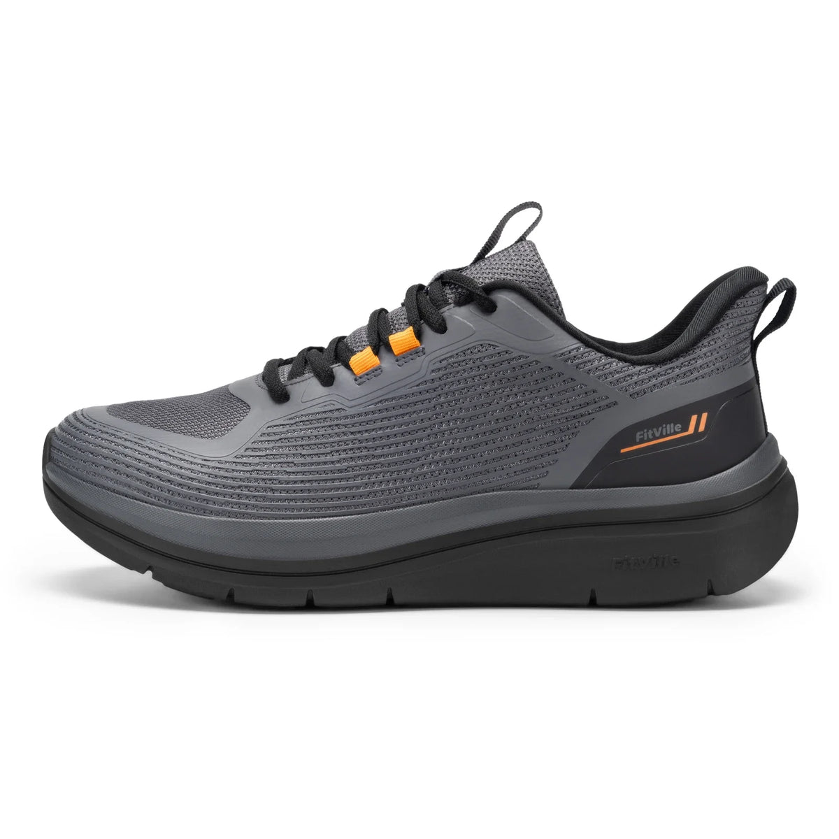 Beige and grey Fitville men's walking shoes with thick soles, slip-on design, breathable material, and wide, comfortable fit.