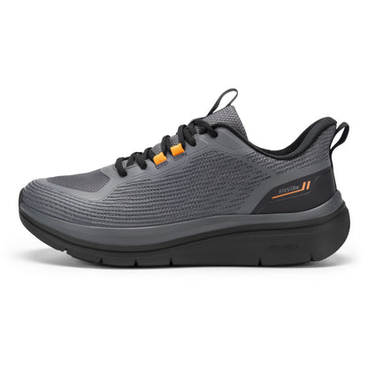 Beige and grey Fitville men's walking shoes with thick soles, slip-on design, breathable material, and wide, comfortable fit.