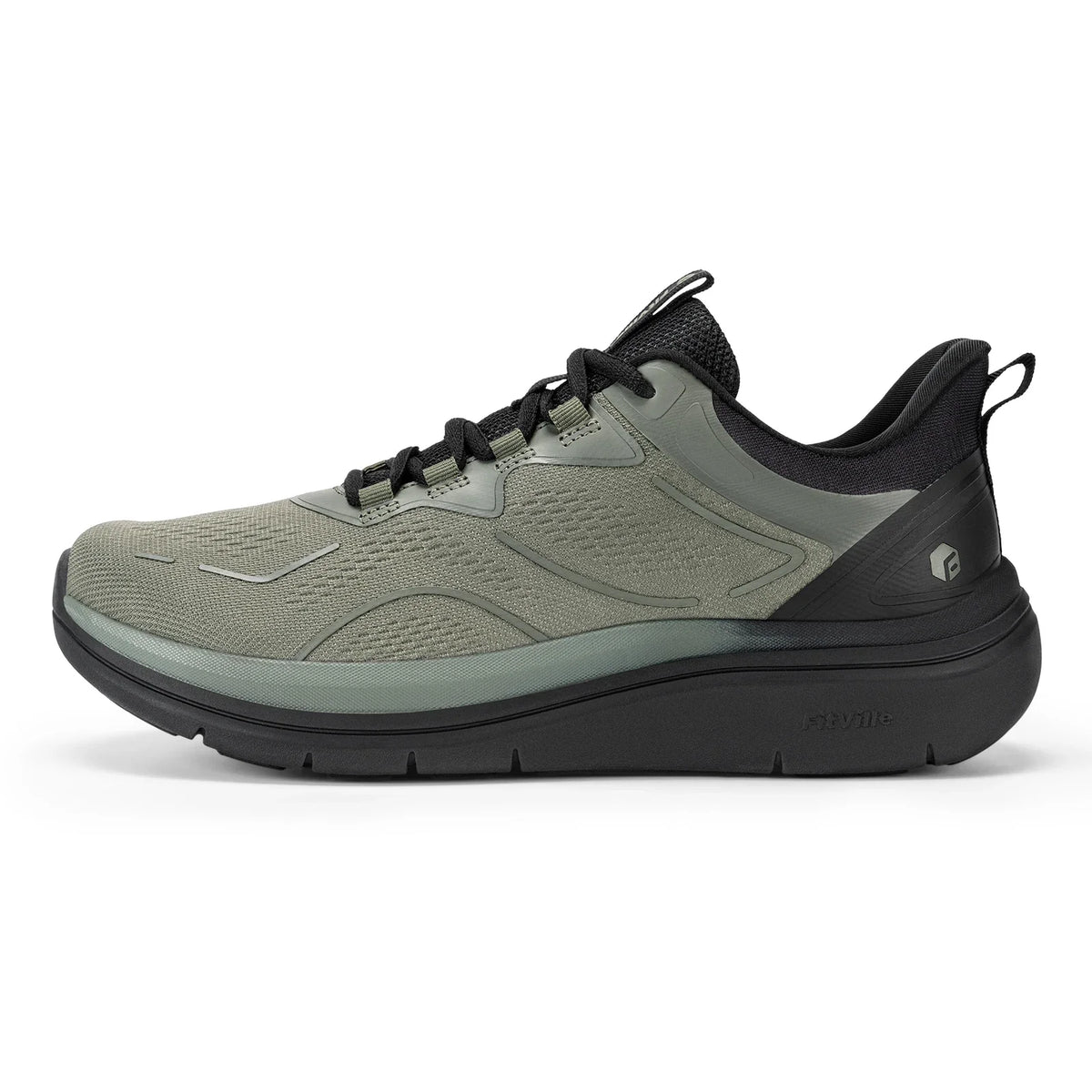 Beige and grey men's Fitville walking shoes with thick soles, slip-on design, breathable material, and wide, comfortable fit.