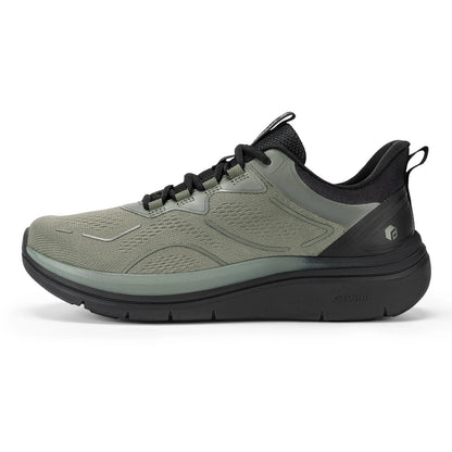 Beige and grey men's Fitville walking shoes with thick soles, slip-on design, breathable material, and wide, comfortable fit.