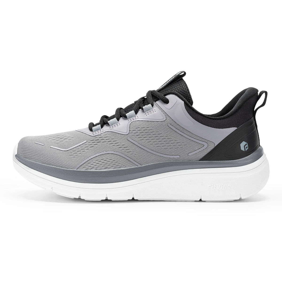 Beige and grey Fitville men's walking shoes with thick soles, slip-on design, breathable material, and wide, comfortable fit.