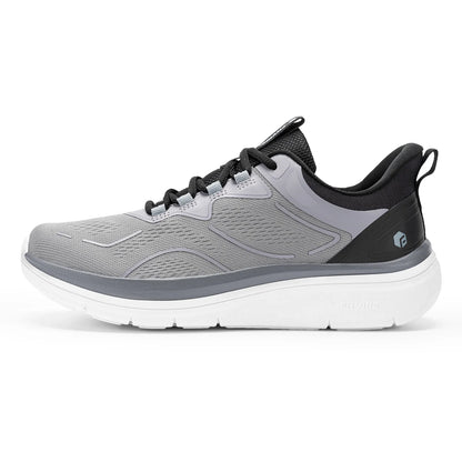 Beige and grey Fitville men's walking shoes with thick soles, slip-on design, breathable material, and wide, comfortable fit.