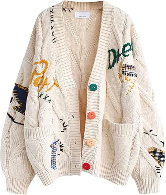 Beige women's cable knit wool blend cardigan with V-neck, open front, button-down closure, embroidery, long sleeves, and cozy outwear style.