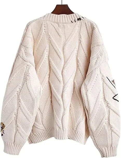 Beige women's cable knit wool blend cardigan with V-neck, open front, button closure, embroidery, long sleeves, and outwear style.