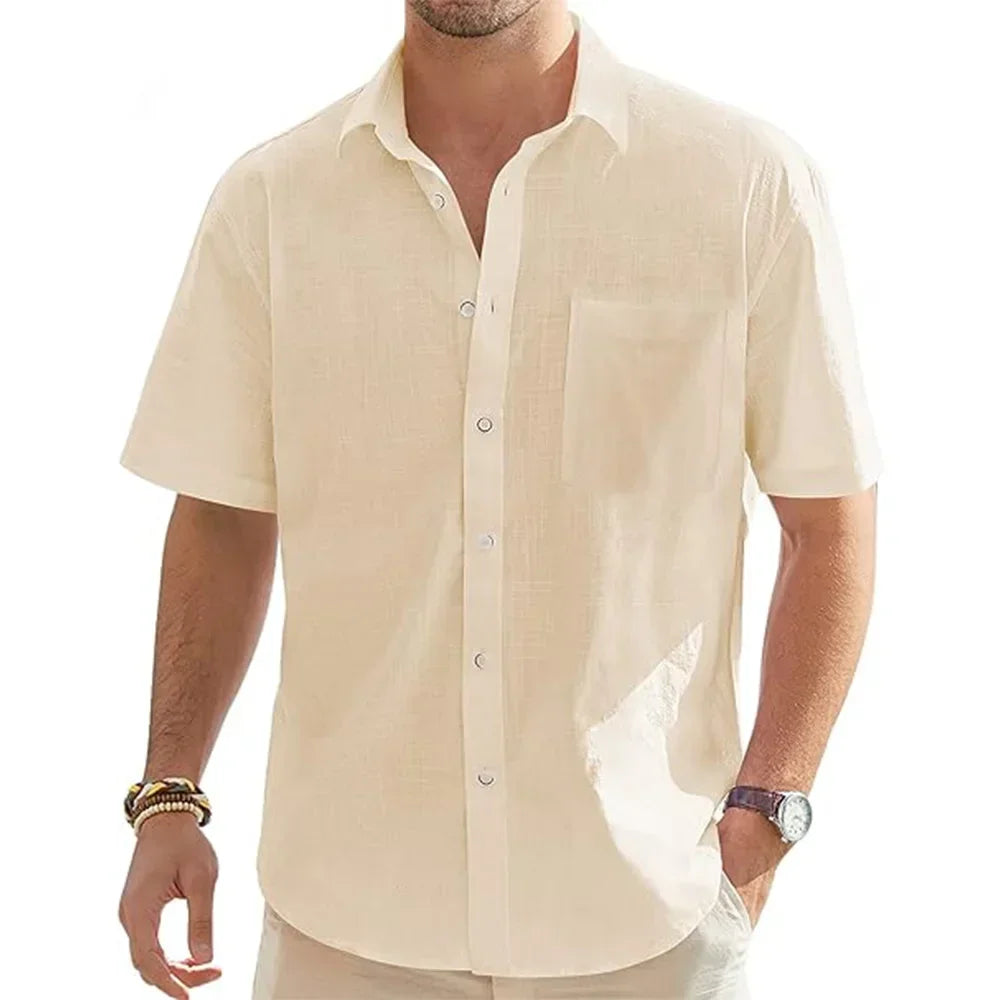 Men's beige cotton linen short sleeve shirt with pocket, casual lightweight summer top for beach vacations by BACKUPMYFILESNOW.COM®