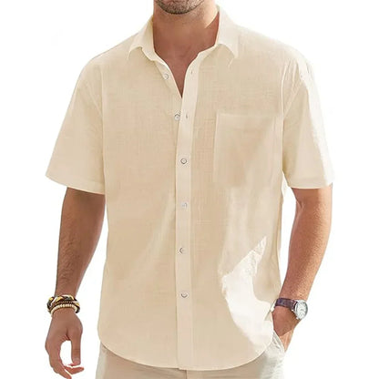 Men's beige cotton linen short sleeve shirt with pocket, casual lightweight summer top for beach vacations by BACKUPMYFILESNOW.COM®
