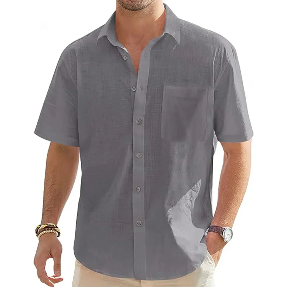 Men's beige cotton linen short sleeve shirt with pocket, casual summer top, lightweight button-up for beach and vacation wear.
