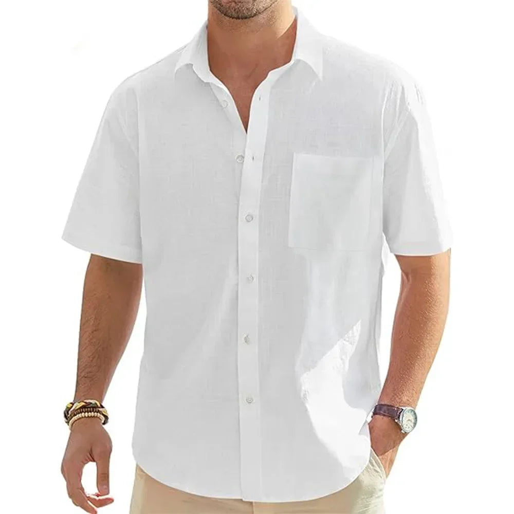 Men's beige cotton linen short sleeve shirt with pocket, casual summer vacation beach top, lightweight button-up from BACKUPMYFILESNOW.COM®