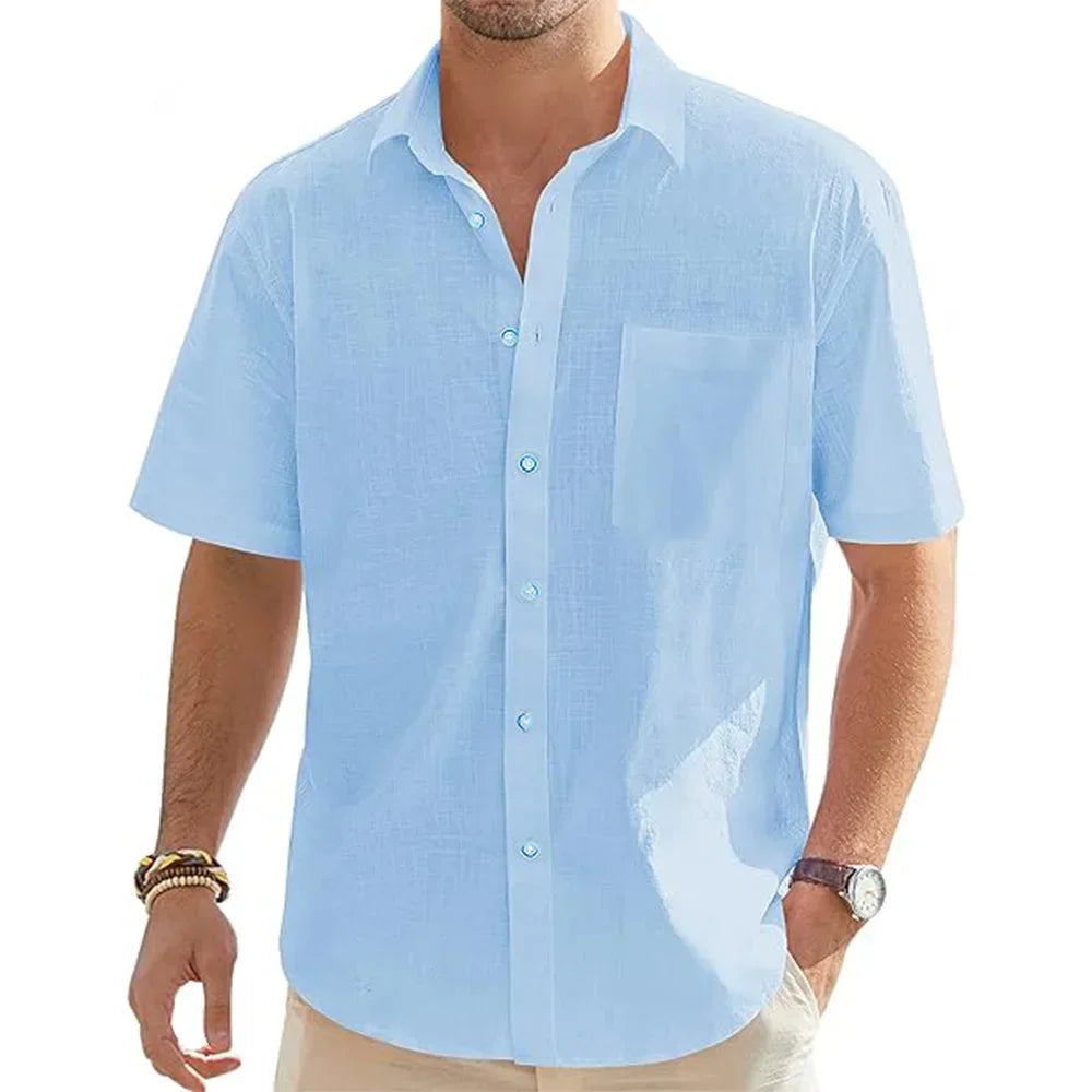 Men's beige cotton linen short sleeve shirt with pocket, lightweight casual summer top for beach and vacation.