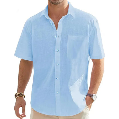 Men's beige cotton linen short sleeve shirt with pocket, casual summer vacation beach top, lightweight button-up from BACKUPMYFILESNOW.COM®