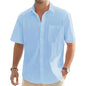 Men's beige cotton linen short sleeve shirt with pocket, casual summer vacation beach top, lightweight button-up from BACKUPMYFILESNOW.COM®