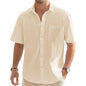 Men's beige cotton linen short sleeve shirt with pocket, casual beach vacation summer top, lightweight button-up from BACKUPMYFILESNOW.COM®