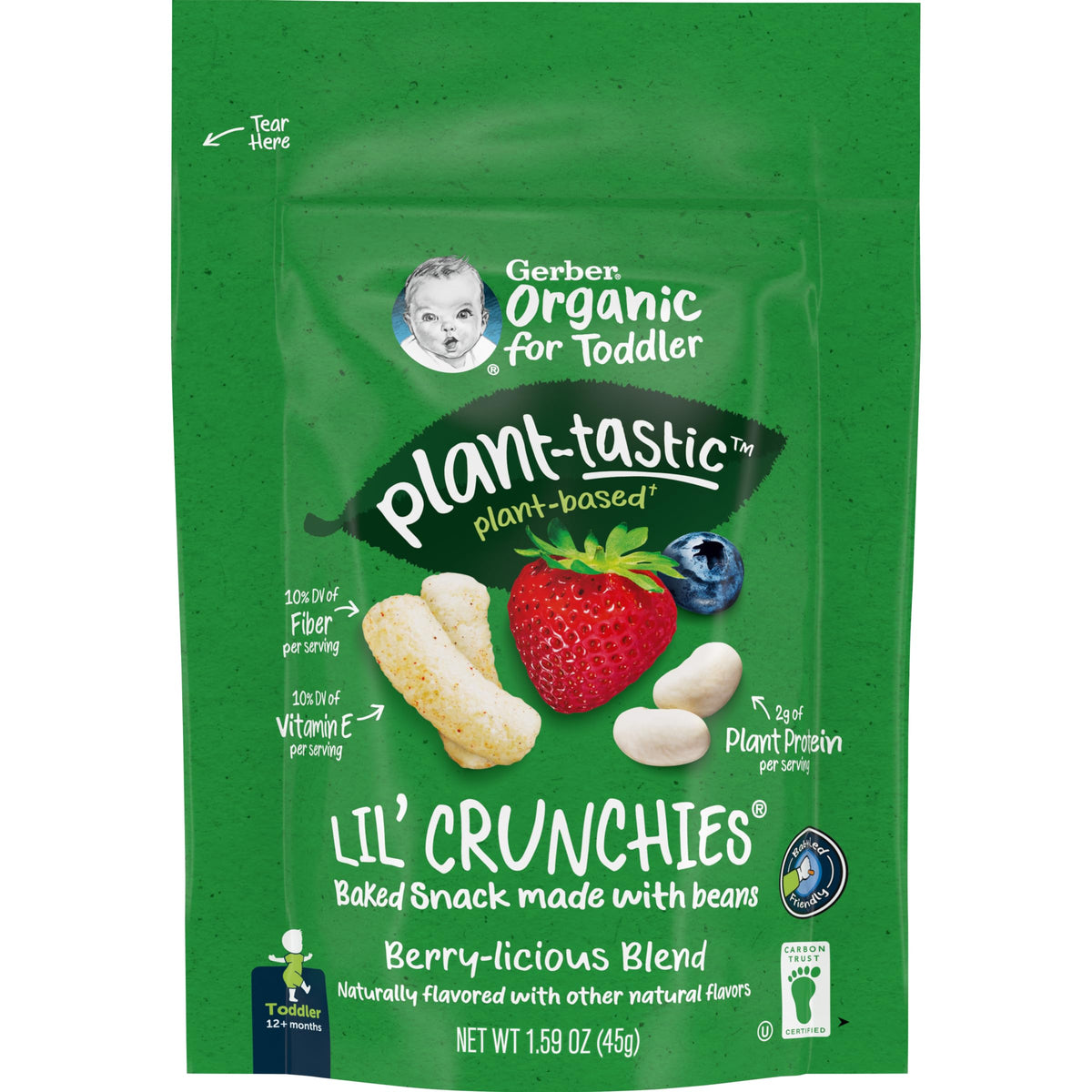 Organic Gerber Lil Crunchies toddler snacks in Berry-licious flavor, 1.59 oz, shown in a 4-pack package.