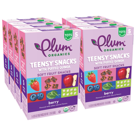 Plum Organics Teensy Snacks berry-flavored soft fruit snacks with puffed quinoa in 0.35 oz bags, organic toddler food, pack of 40.