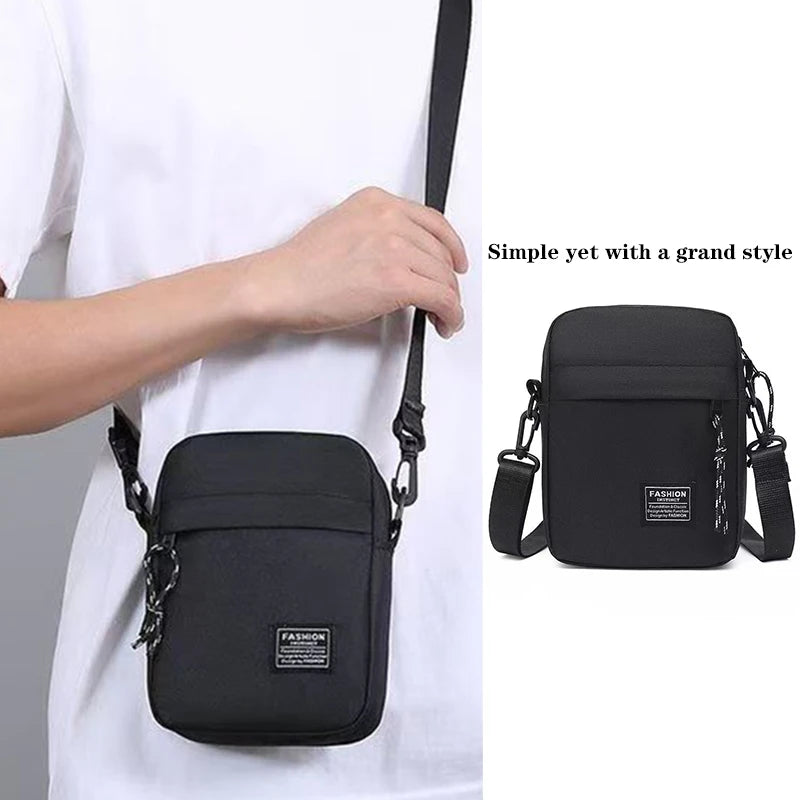 Black men's nylon bag with single shoulder or cross-body strap, ideal for daily school use and casual outings.