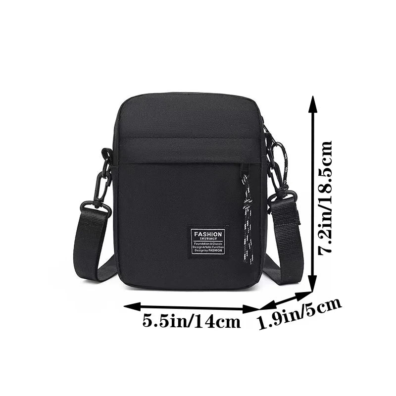 Men's nylon bag with shoulder or cross-body strap, suitable for daily school use, in black, by BackupMyFilesNow.com.