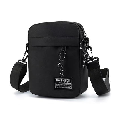 Black men's nylon shoulder or cross-body bag for daily school use, featuring adjustable straps and a sleek, functional design.