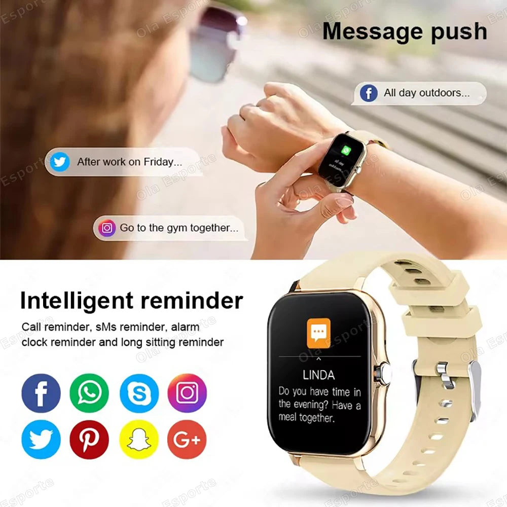 Smart Watch with 2.01-inch HD display, fitness modes, message preview, weather forecast, and DIY dial for men and women.