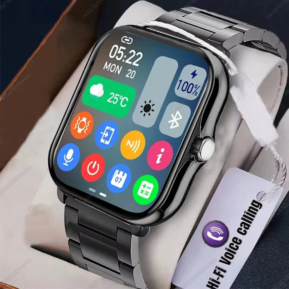 Smartwatch with 2.01-inch HD display, answering calls, message preview, sport modes, weather forecast, and customizable dial for men and women.