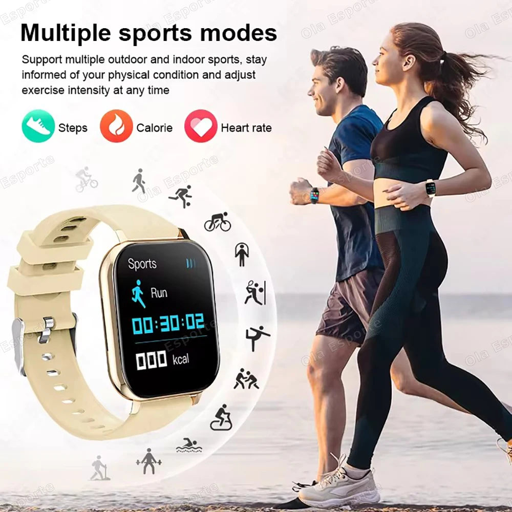 Smartwatch with 2.01-inch HD display, showing weather forecast, message preview, and sport modes for men and women.