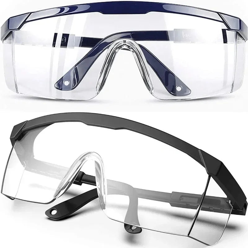 Pair of black anti-splash safety glasses from BACKUPMYFILESNOW.COM® for lab work, industrial protection, wind dust, and cycling safety.