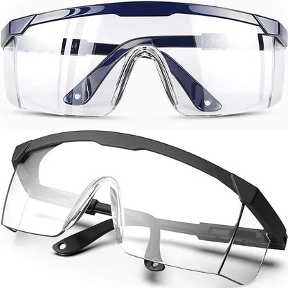 Pair of black anti-splash safety glasses from BACKUPMYFILESNOW.COM® for lab work, industrial protection, wind dust, and cycling safety.