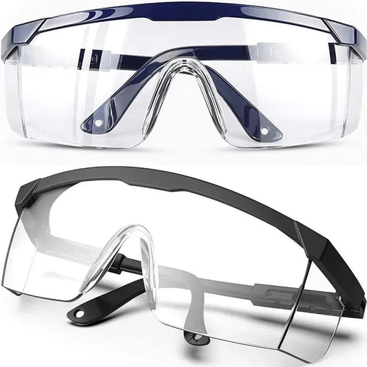 Pair of black anti-splash safety glasses from BACKUPMYFILESNOW.COM® for lab work, industrial protection, wind dust, and cycling safety.