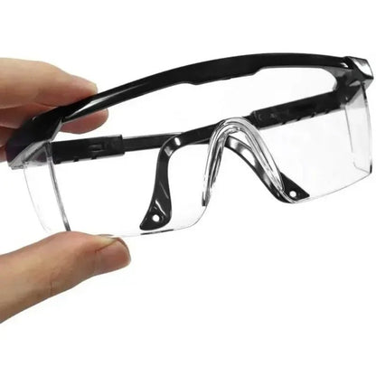 Two pairs of black anti-splash safety glasses with protective lenses for lab work, industrial use, and cycling protection.