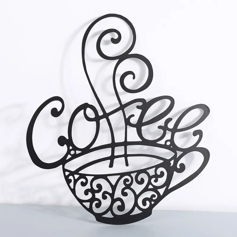 Metal coffee cup wall decor for coffee bar, decorative wall art featuring a coffee mug, by BACKUPMYFILESNOW.COM®.