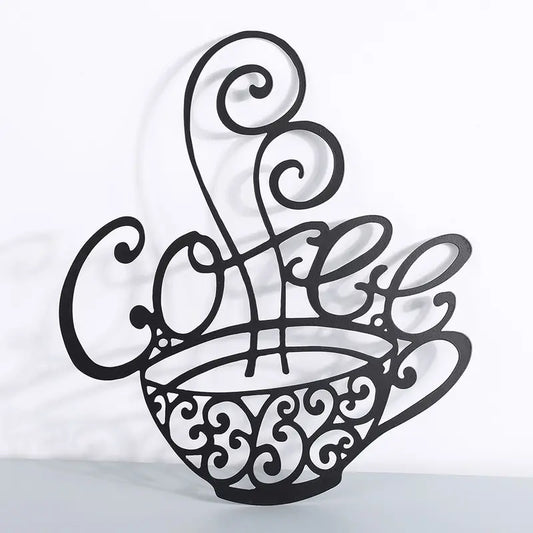 Metal coffee cup wall decor for coffee bar, decorative wall art featuring a coffee mug, by BACKUPMYFILESNOW.COM®.